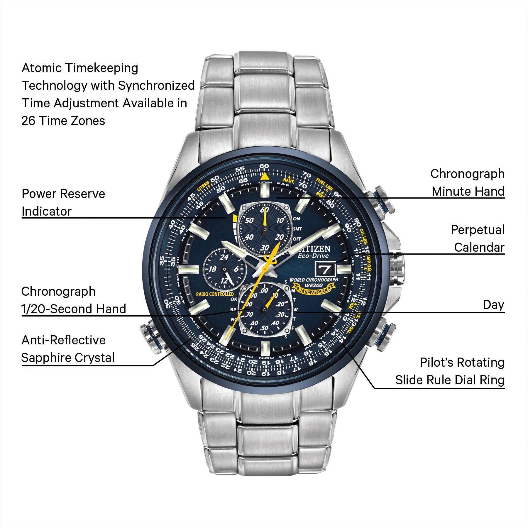 World Chronograph A-T - Men's Eco-Drive Steel Blue Dial Watch